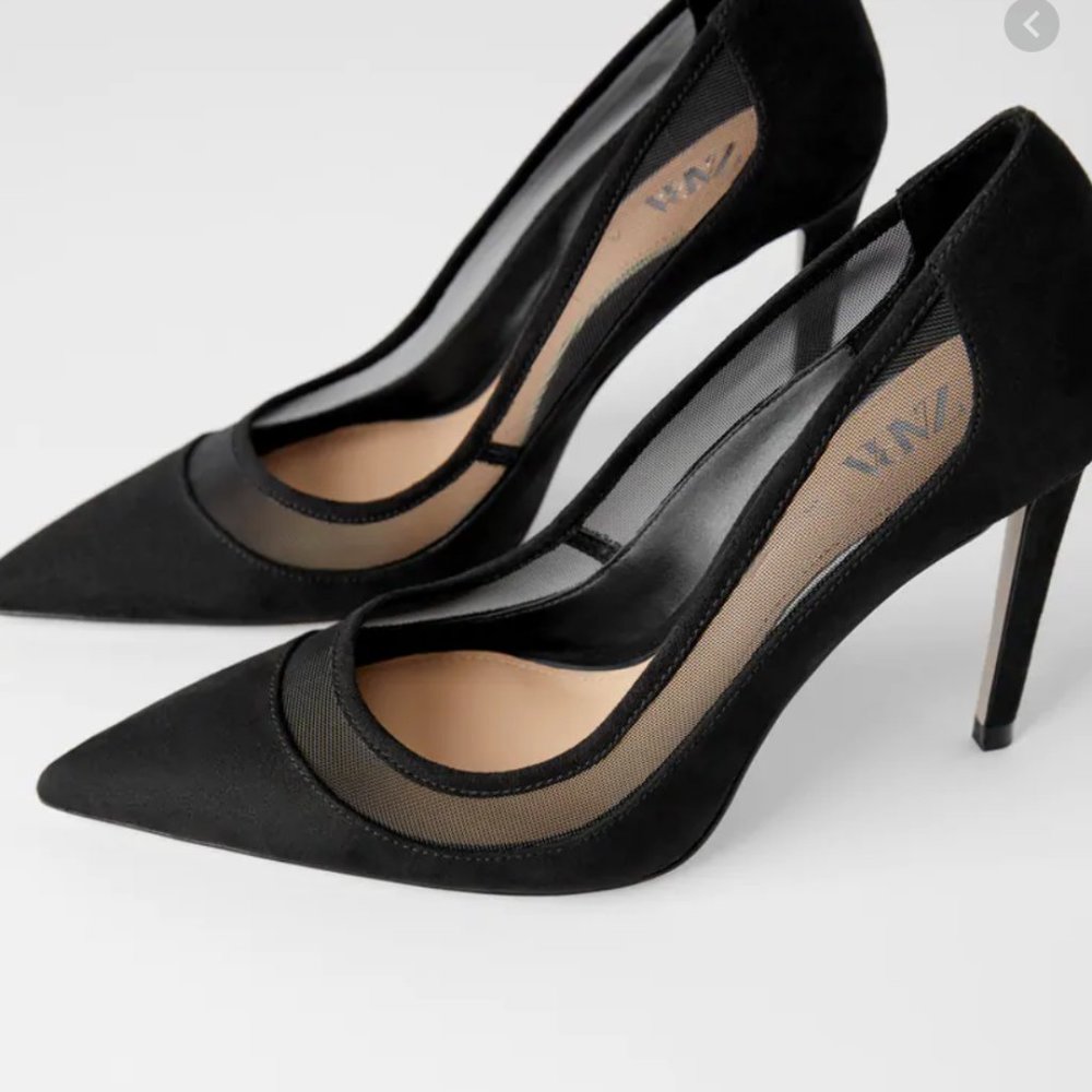 Zara Black Suede/Mesh Stiletto Heels--40
